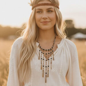 Vintage 1970s Boho Brass Fringe Bib Necklace Blue White Ceramic Beads Festival